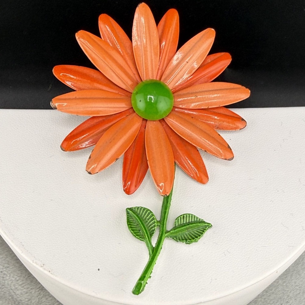 Vintage Enamel Flower Brooch Orange Green HUGE‎ Mod MCM